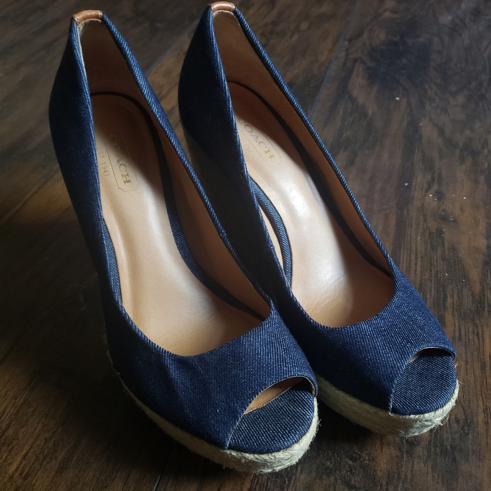 Coach Milan Denim Open Toe Platform Wedge Heels